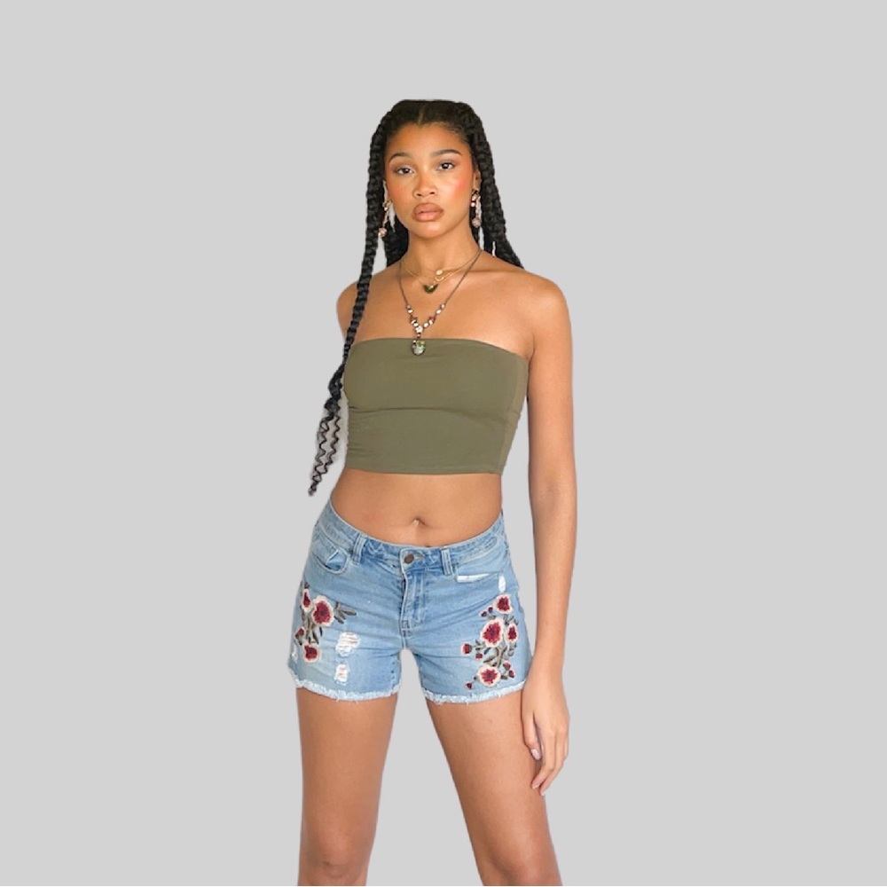 floral embroidered distressed jean shorts, nanette lepore